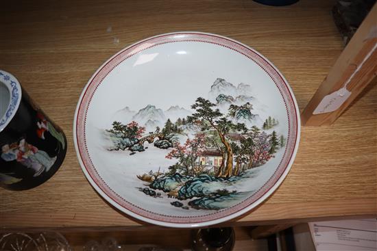 A Chinese Republic period enamelled porcelain landscape dish diameter 30.5cm